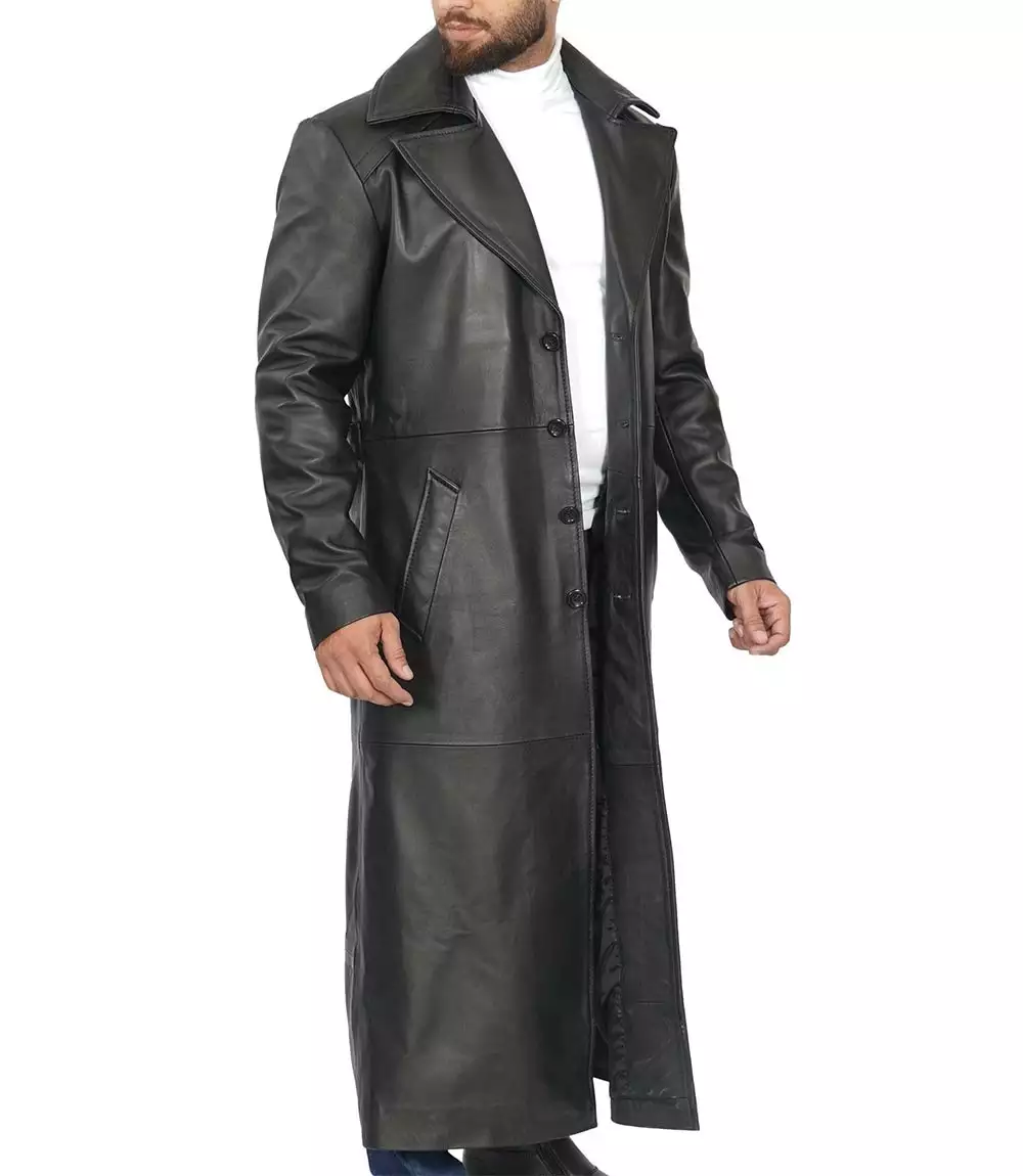 Men's Full-Length Black Leather Trench Coat