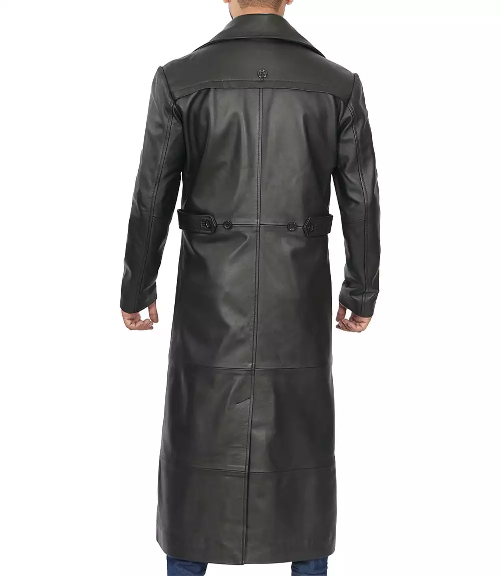 Men's Full-Length Black Leather Trench Coat