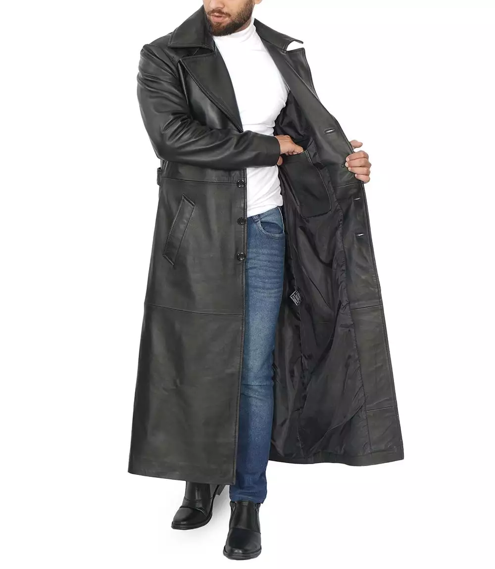 Men's Full-Length Black Leather Trench Coat