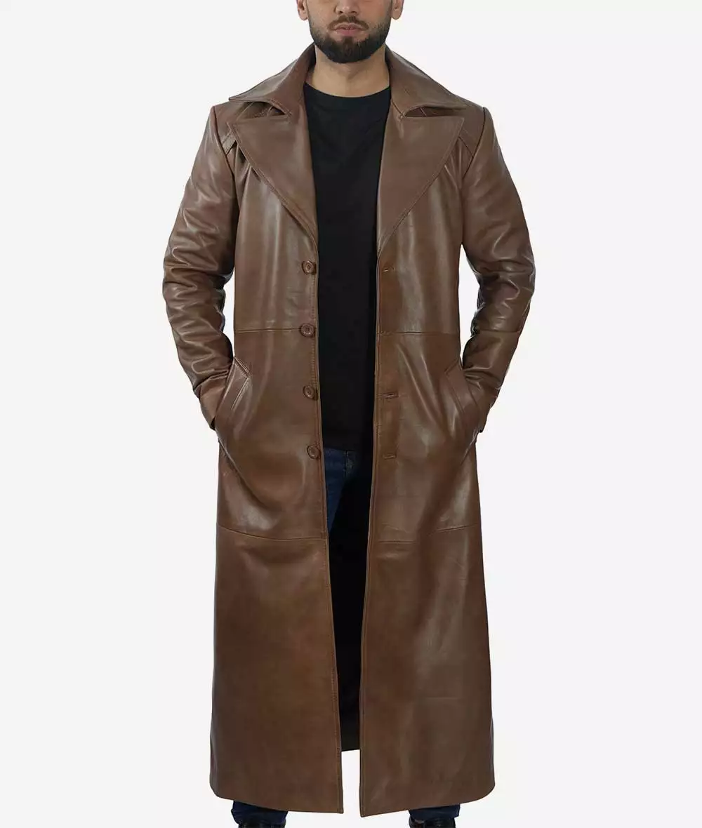 Men's Full Length Leather Brown Coat - Duster Coat