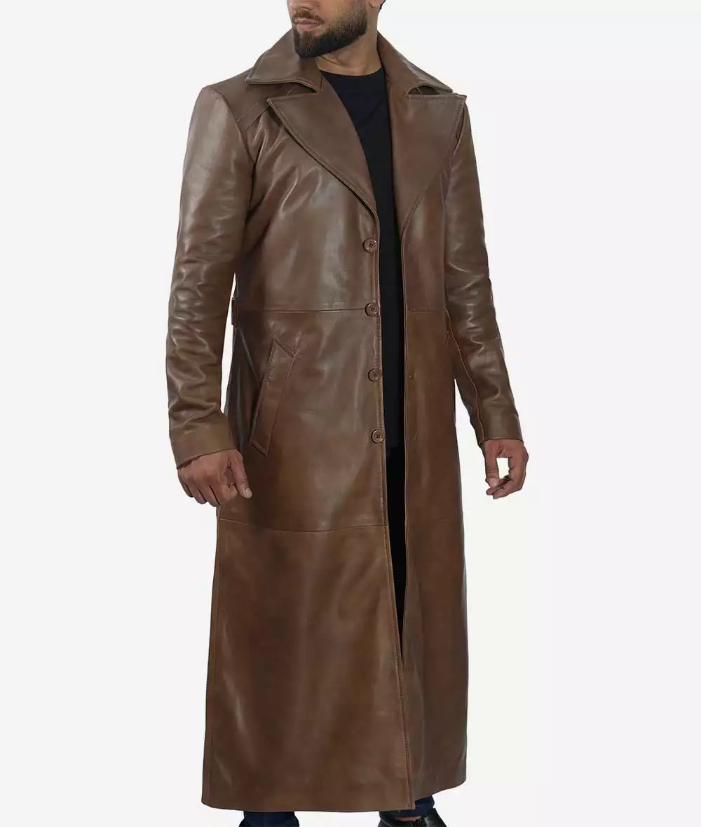 Men's Full Length Leather Brown Coat - Duster Coat