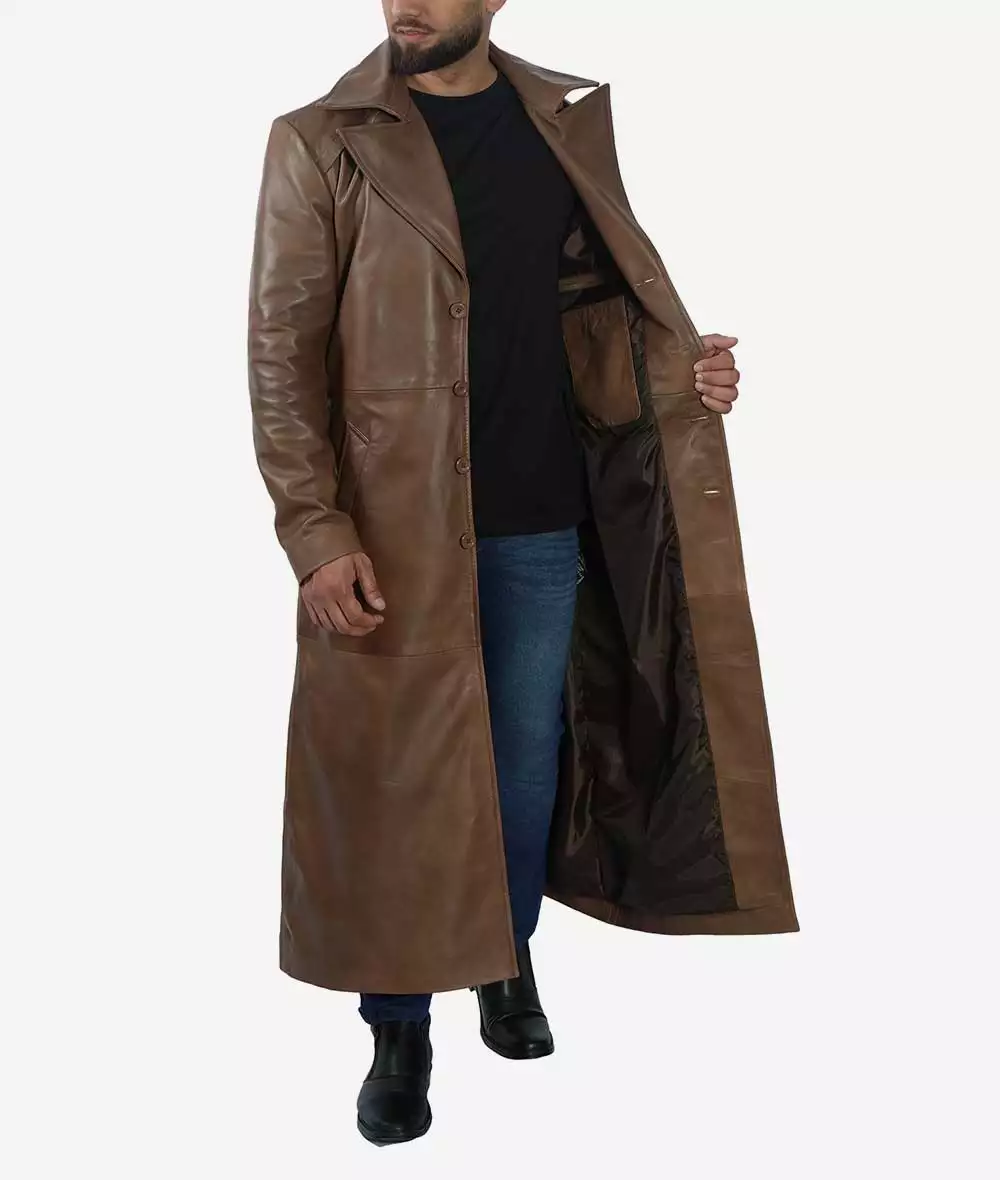 Men's Full Length Leather Brown Coat - Duster Coat