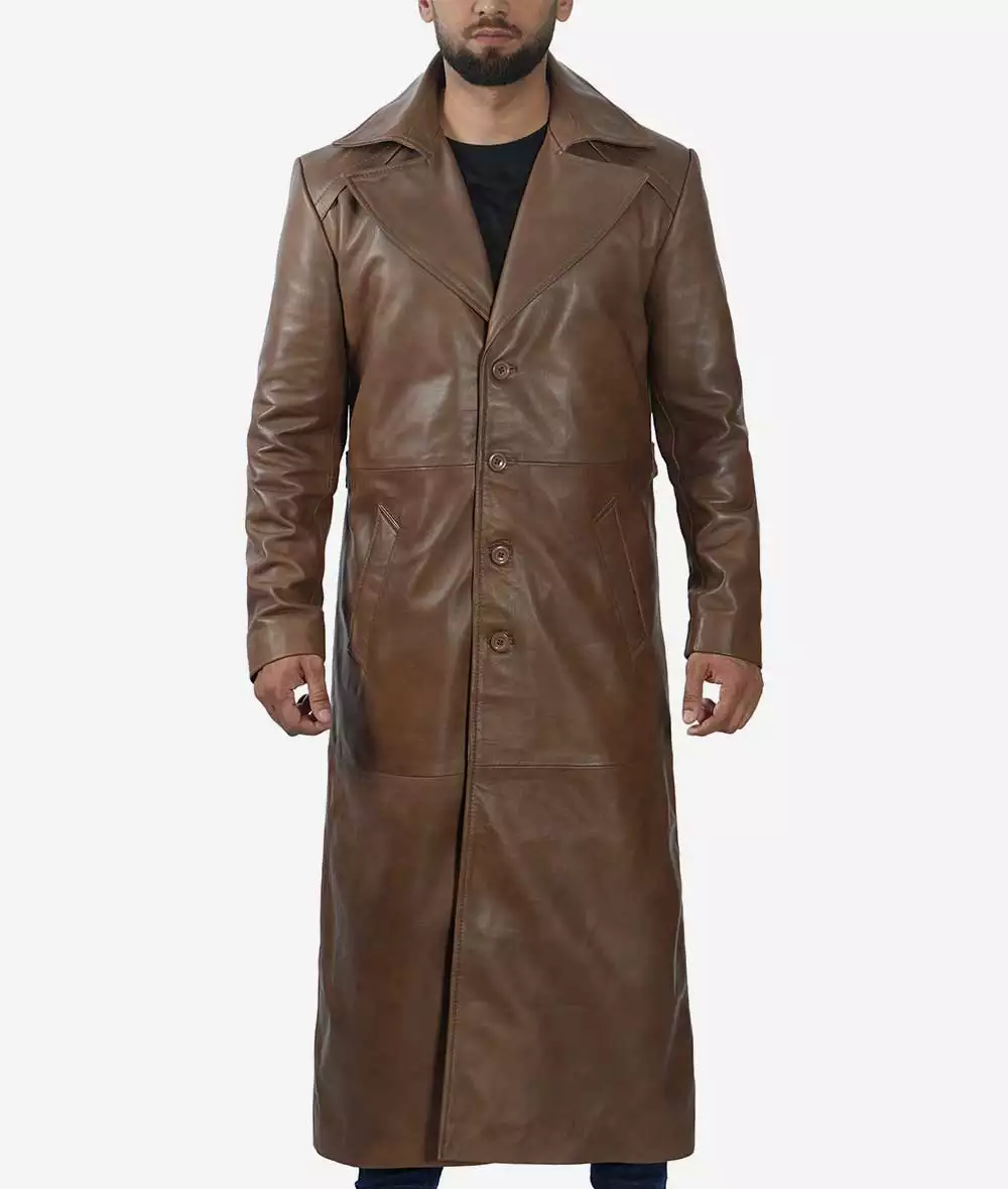 Men's Full Length Leather Brown Coat - Duster Coat