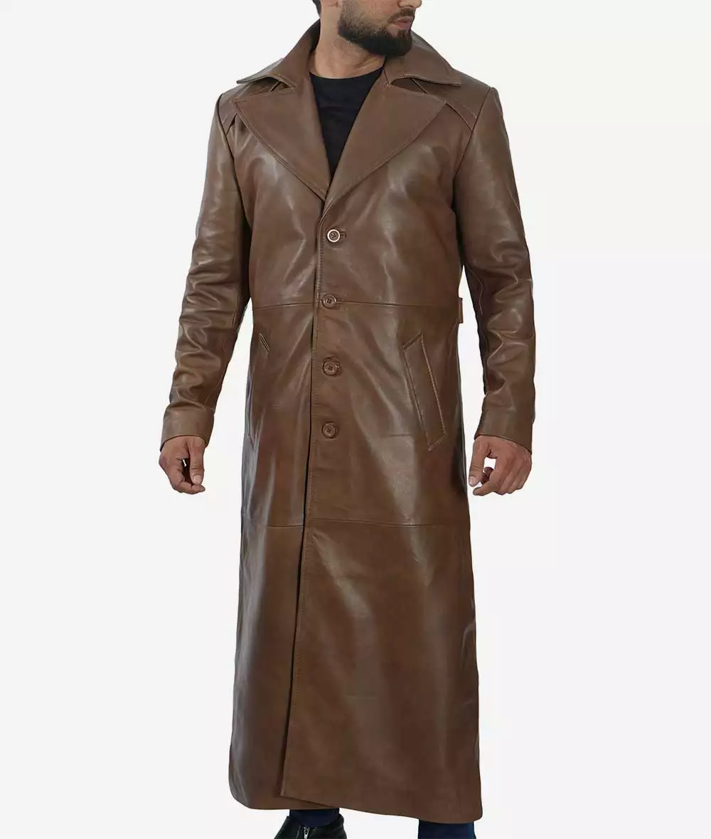 Men's Full Length Leather Brown Coat - Duster Coat