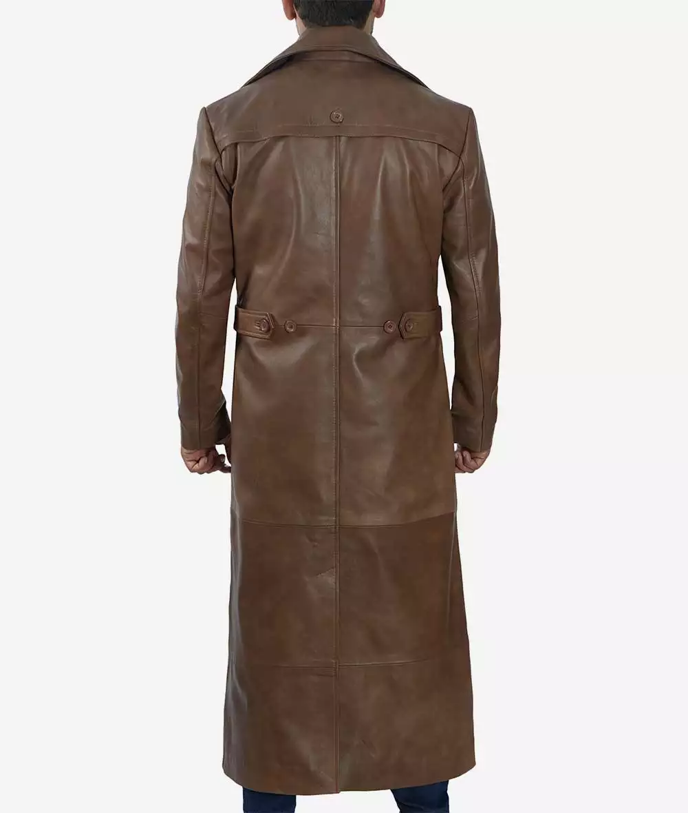 Men's Full Length Leather Brown Coat - Duster Coat