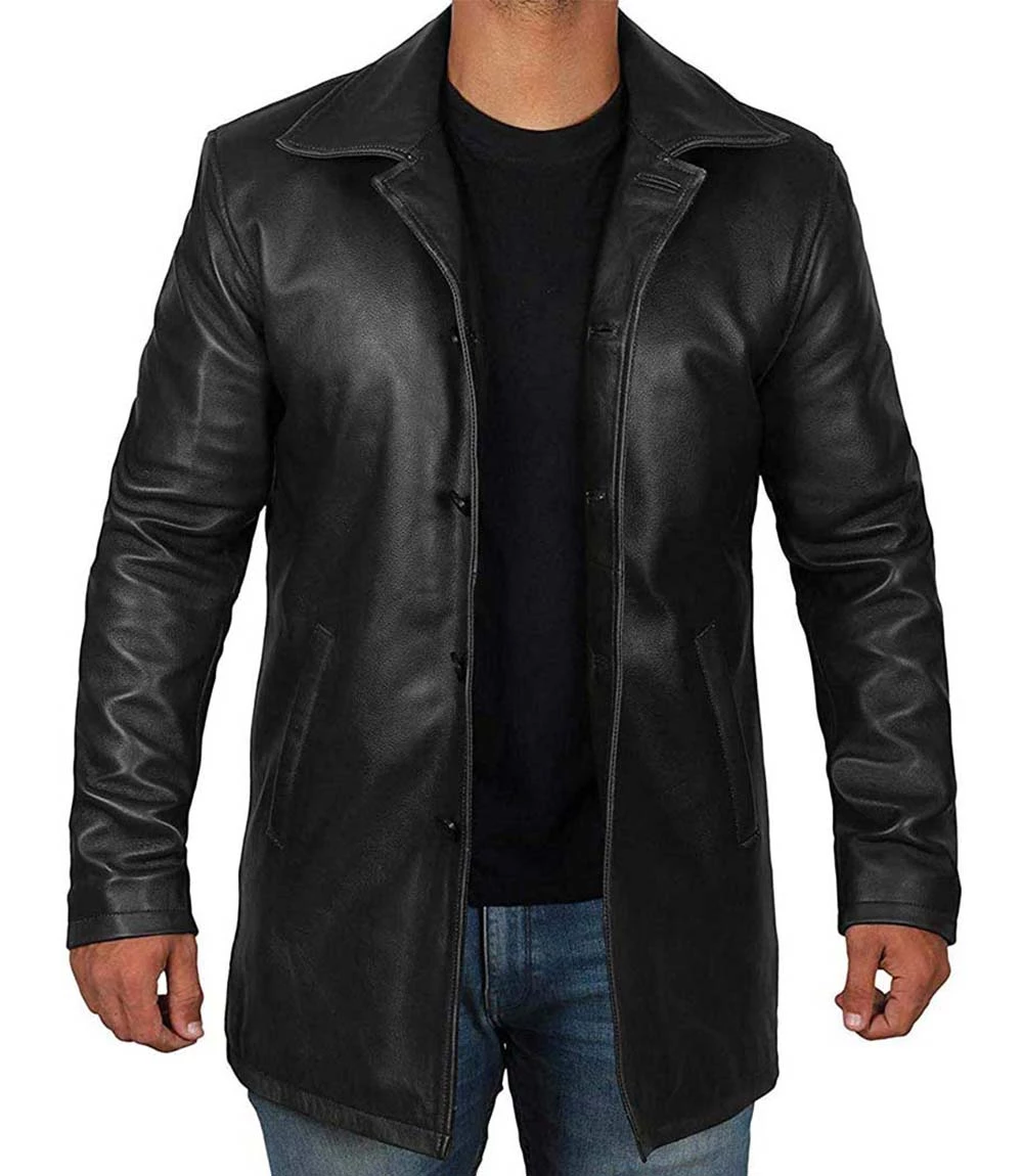 Men's Real Leather Button Down Black Car Coat