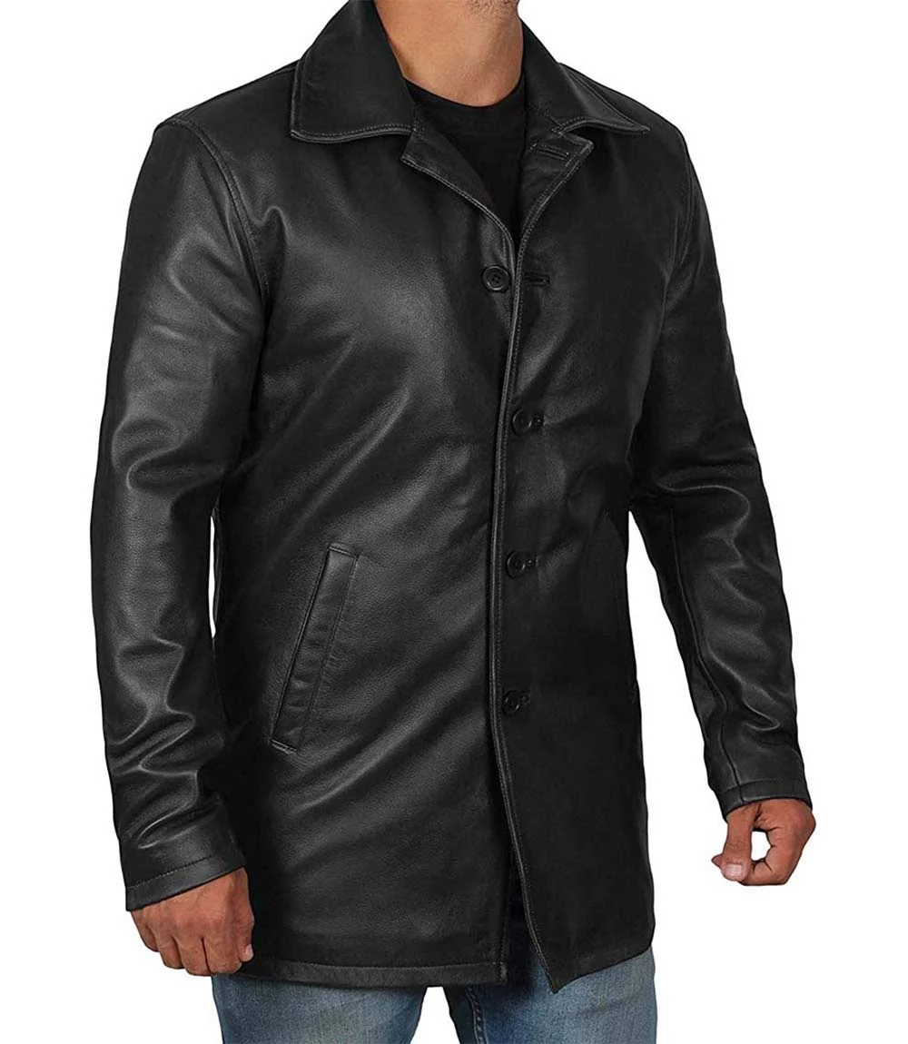 Men's Real Leather Button Down Black Car Coat