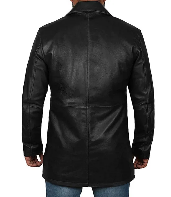 Men's Real Leather Button Down Black Car Coat