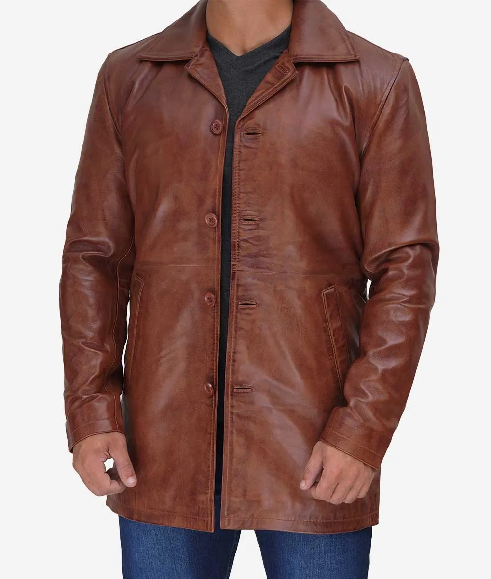 Men's Real Leather Cognac Car Coat