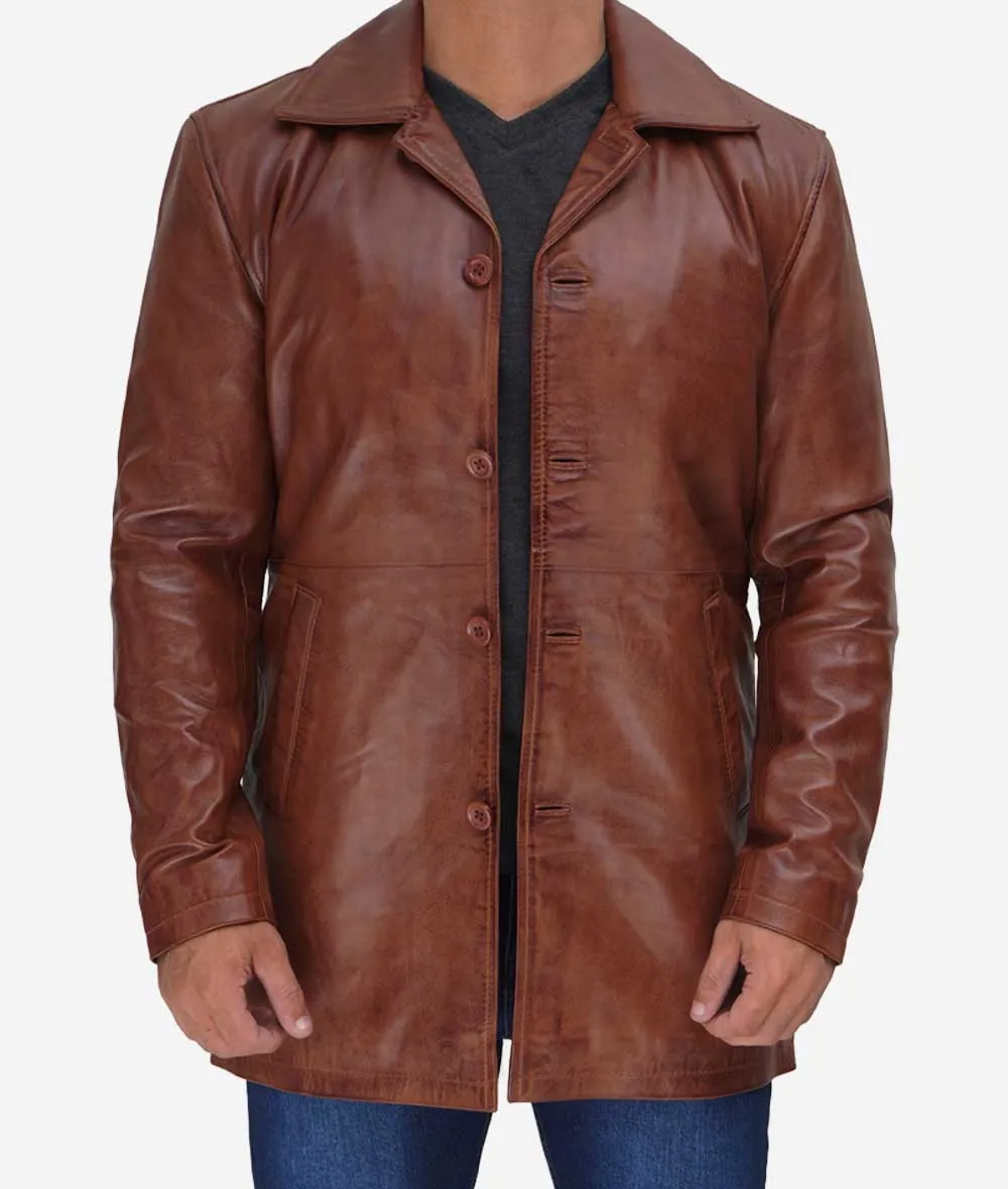 Men's Real Leather Cognac Car Coat