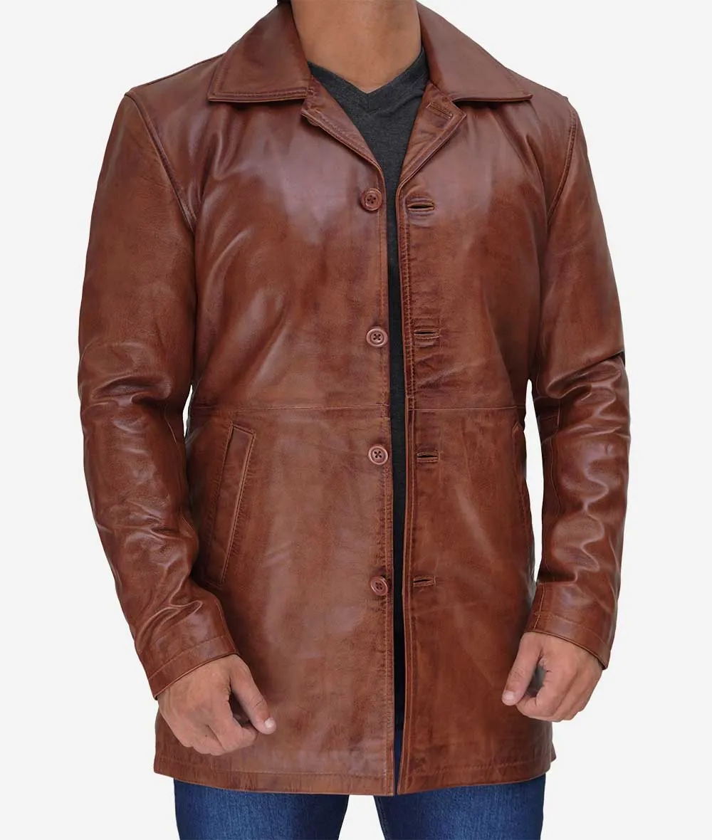 Men's Real Leather Cognac Car Coat