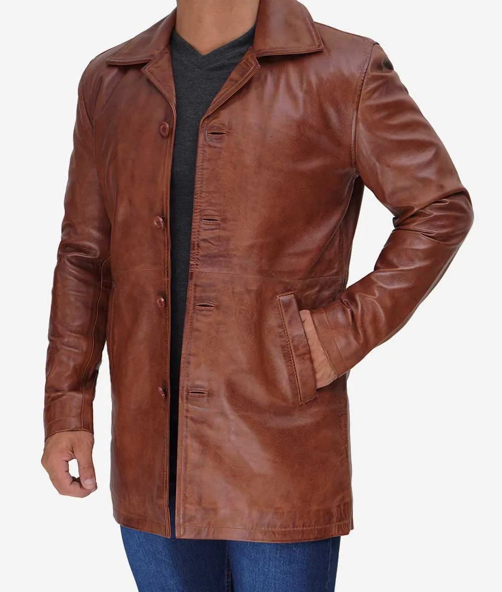 Men's Real Leather Cognac Car Coat