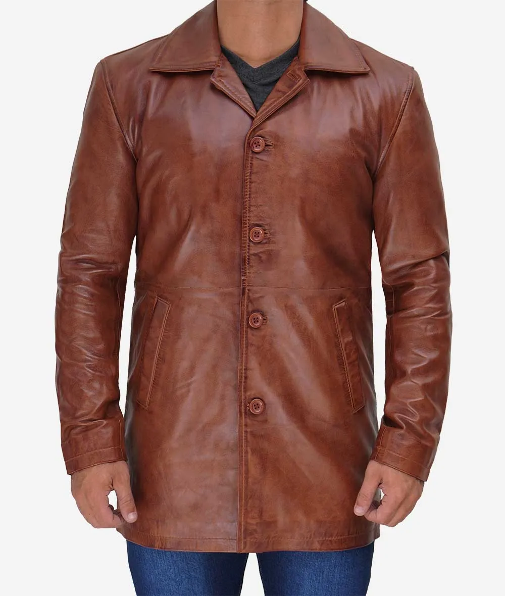 Men's Real Leather Cognac Car Coat