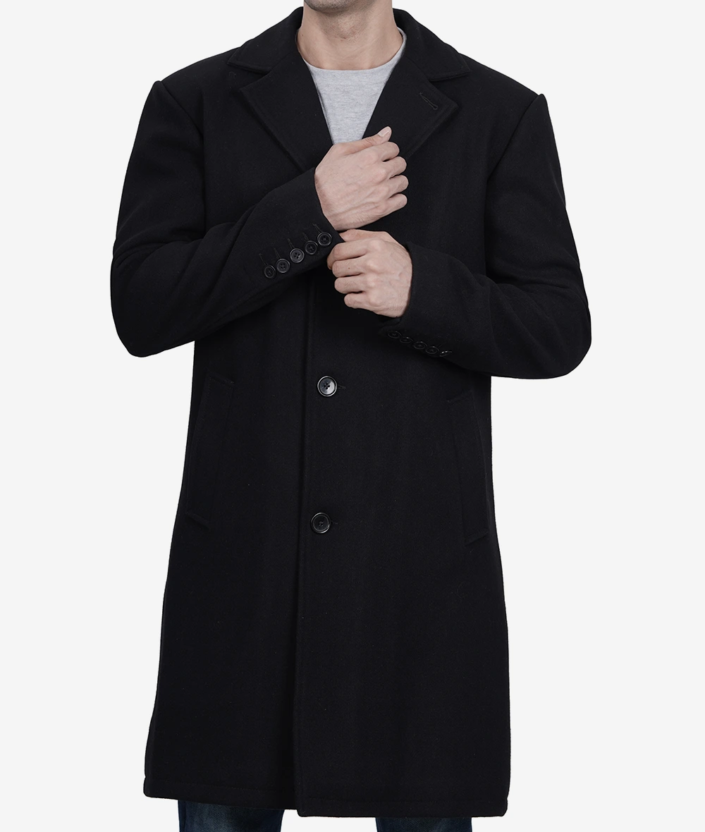 Men's Single-Breasted Modern Fit Black Wool Coat