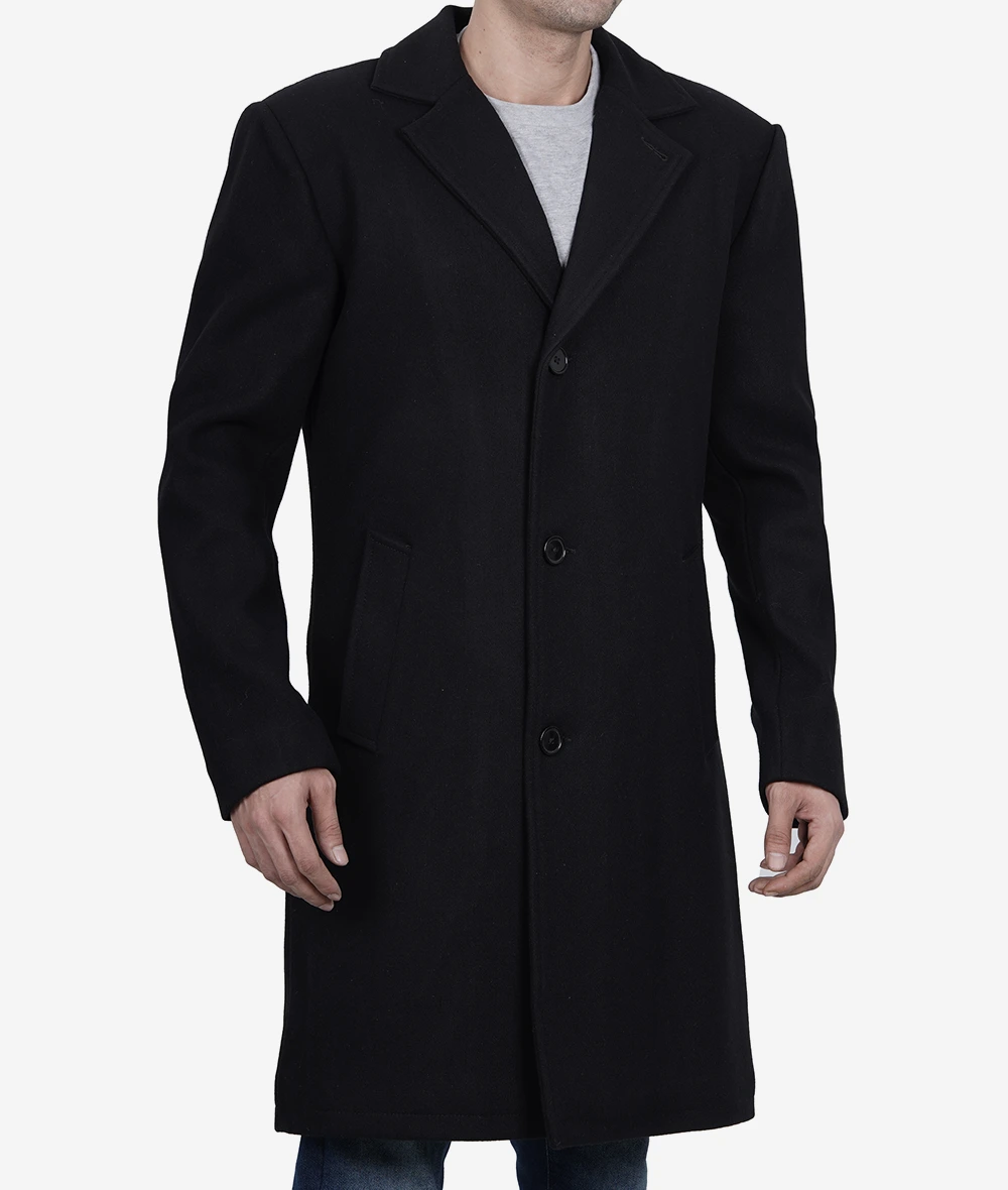 Men's Single-Breasted Modern Fit Black Wool Coat