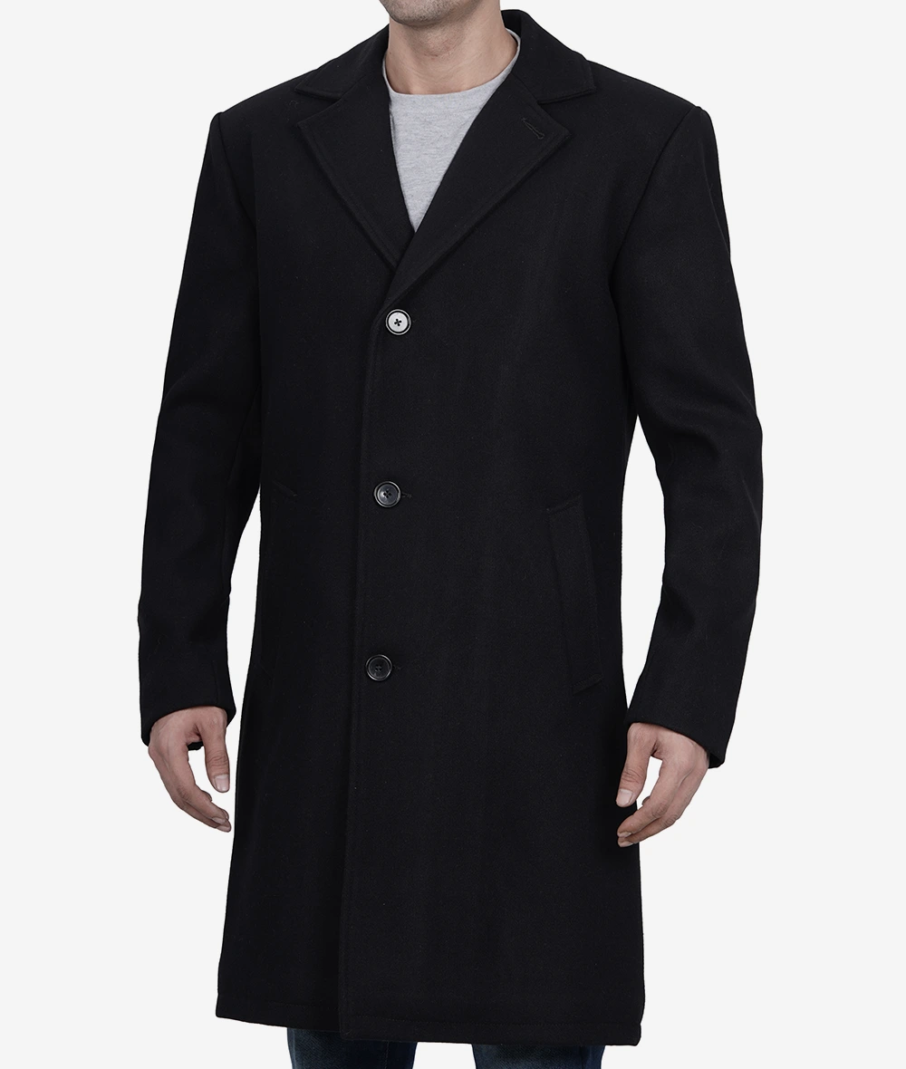 Men's Single-Breasted Modern Fit Black Wool Coat