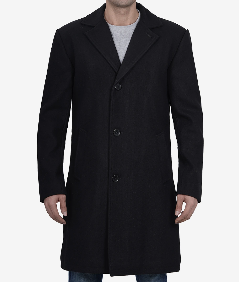 Men's Single-Breasted Modern Fit Black Wool Coat