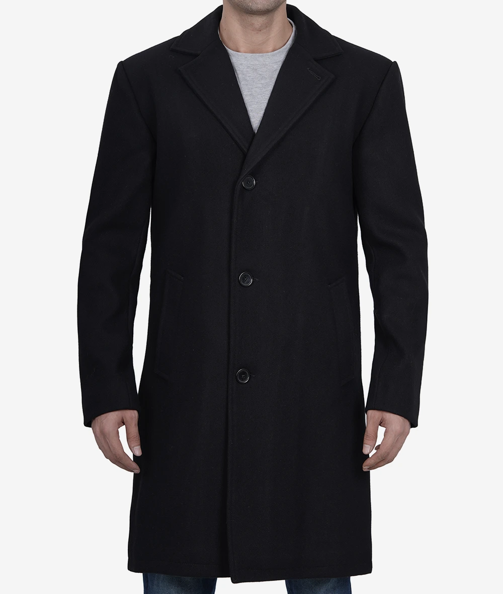 Men's Single-Breasted Modern Fit Black Wool Coat