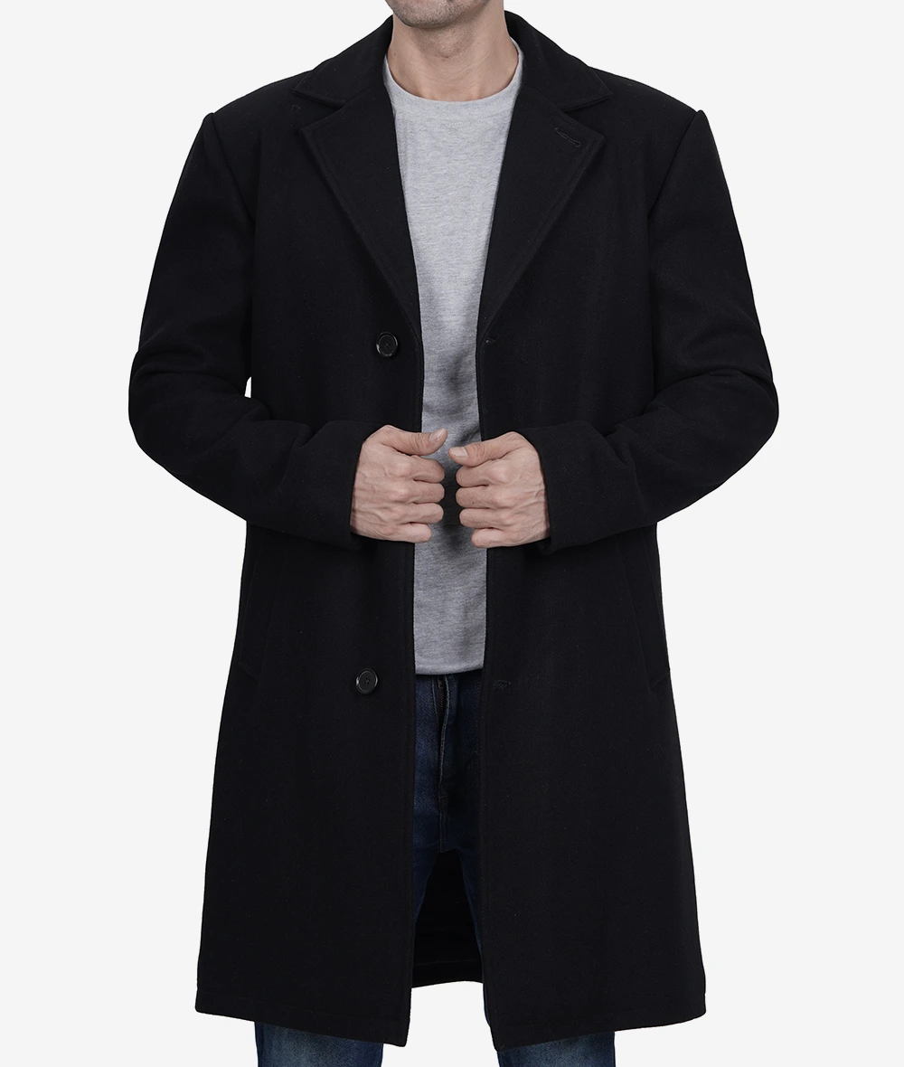 Men's Single-Breasted Modern Fit Black Wool Coat