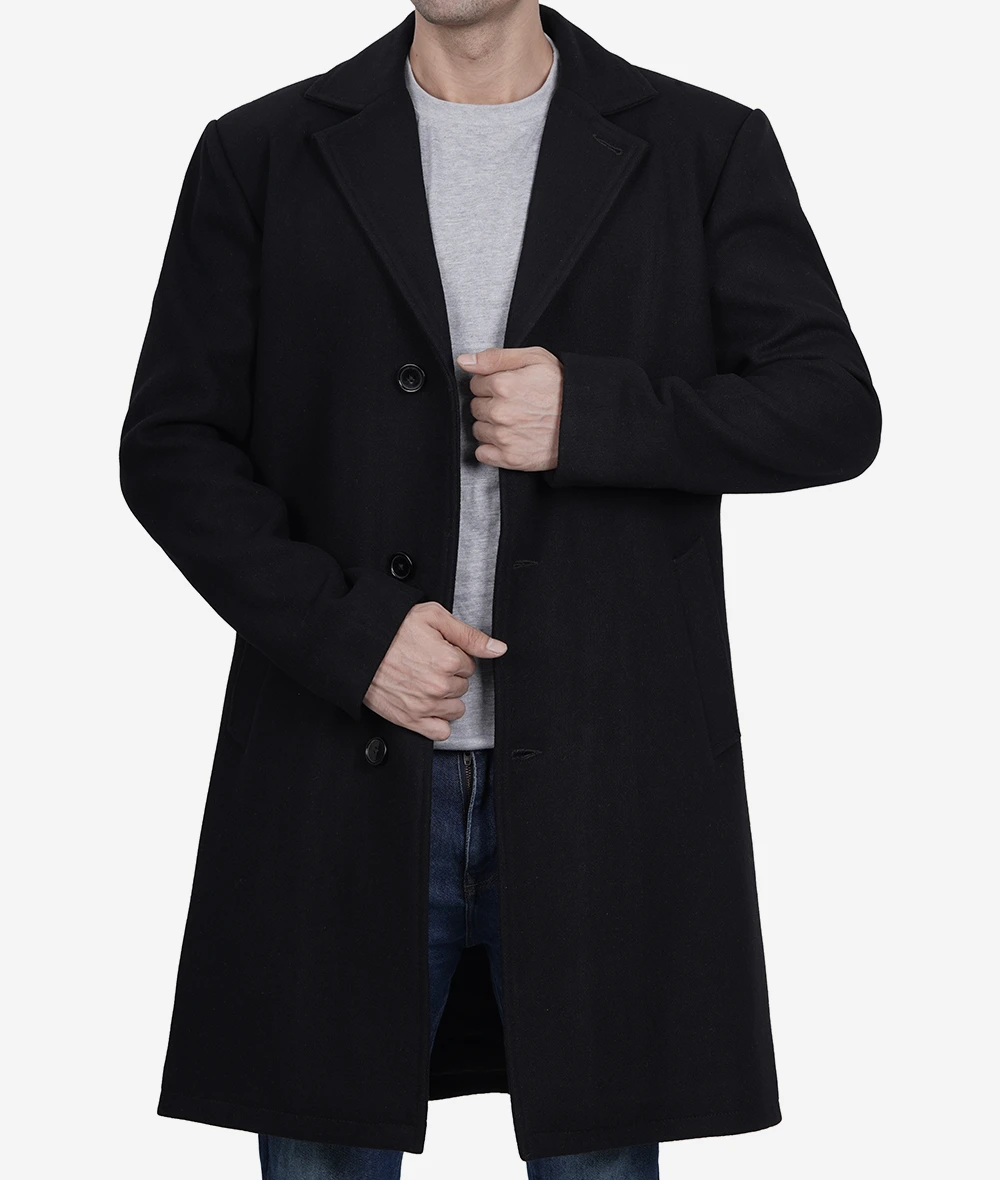 Men's Single-Breasted Modern Fit Black Wool Coat