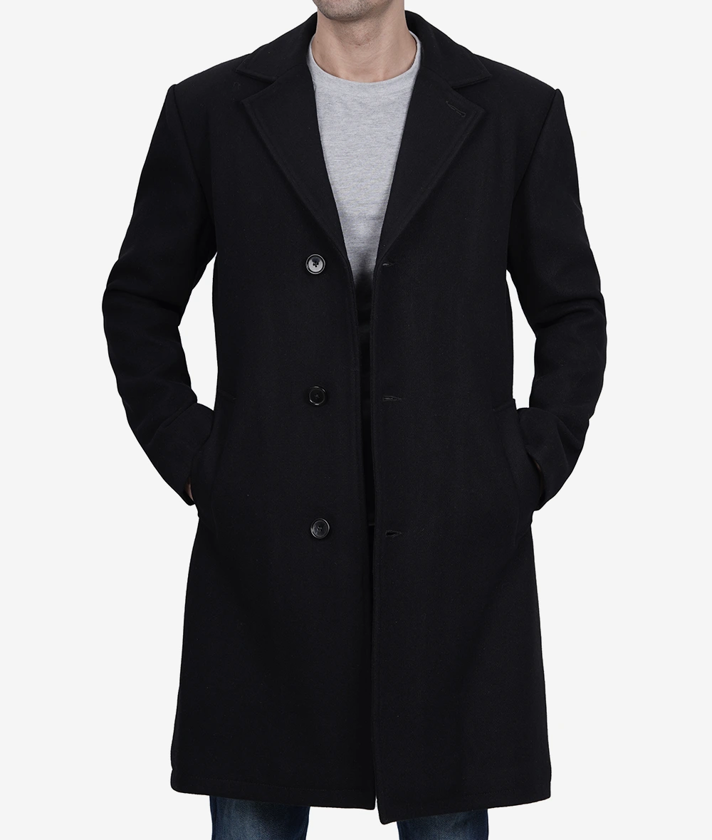 Men's Single-Breasted Modern Fit Black Wool Coat