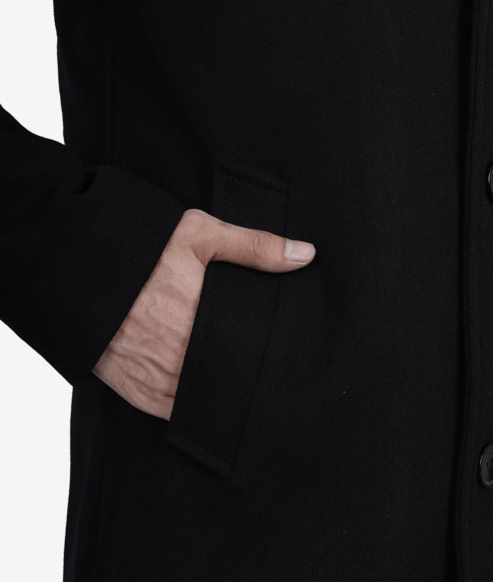 Men's Single-Breasted Modern Fit Black Wool Coat