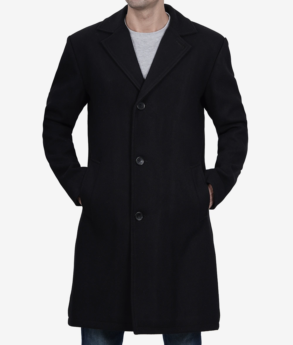 Men's Single-Breasted Modern Fit Black Wool Coat