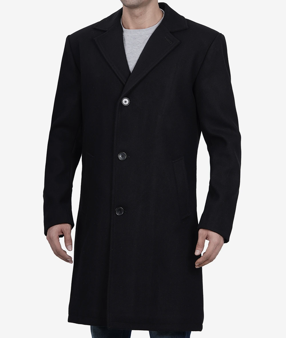 Men's Single-Breasted Modern Fit Black Wool Coat