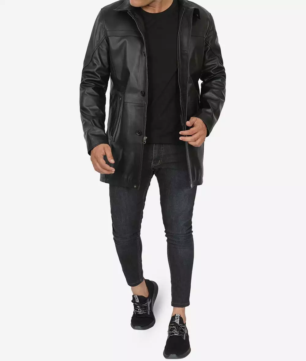 Men's Tall Black Leather Car Coat – 3/4 Length Jacket