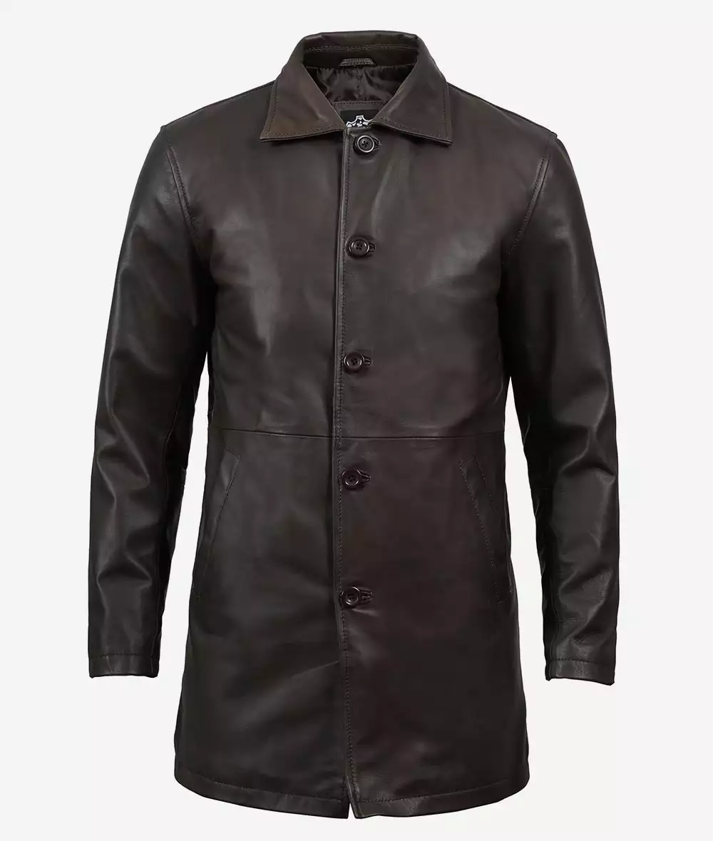 Men's Tall Vintage Dark Brown 3/4 Length Leather Coat