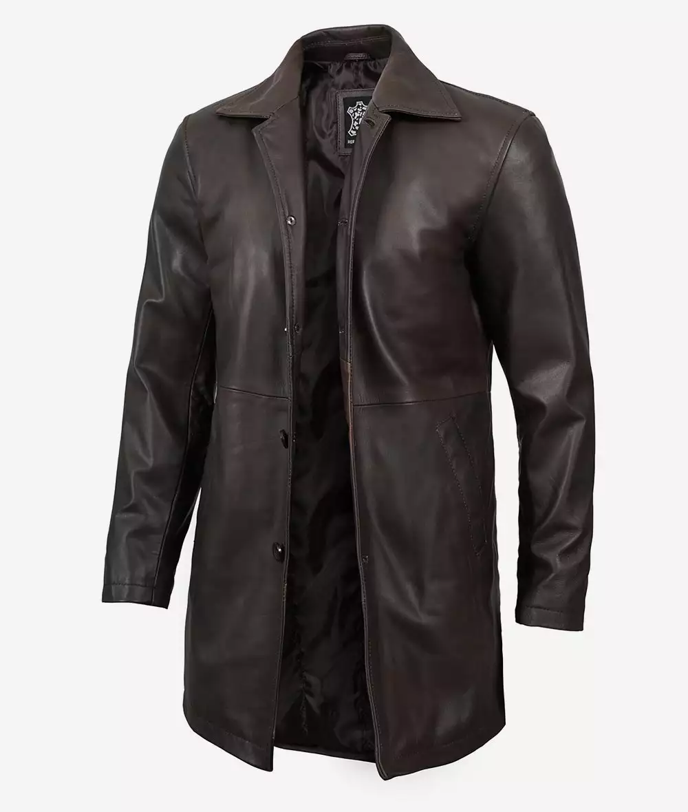 Men's Tall Vintage Dark Brown 3/4 Length Leather Coat