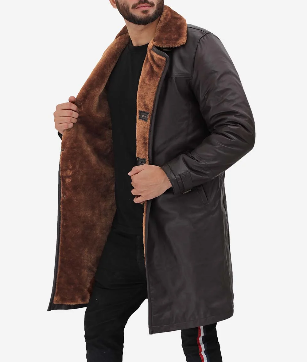 Mens Dark Brown Leather Shearling Coat