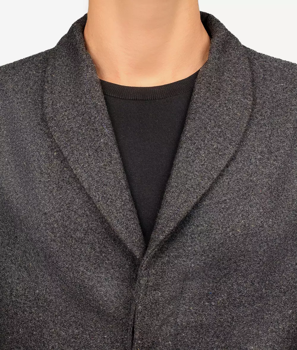 Mens Grey Wool Shawl Collar Three Quarter Long Coat