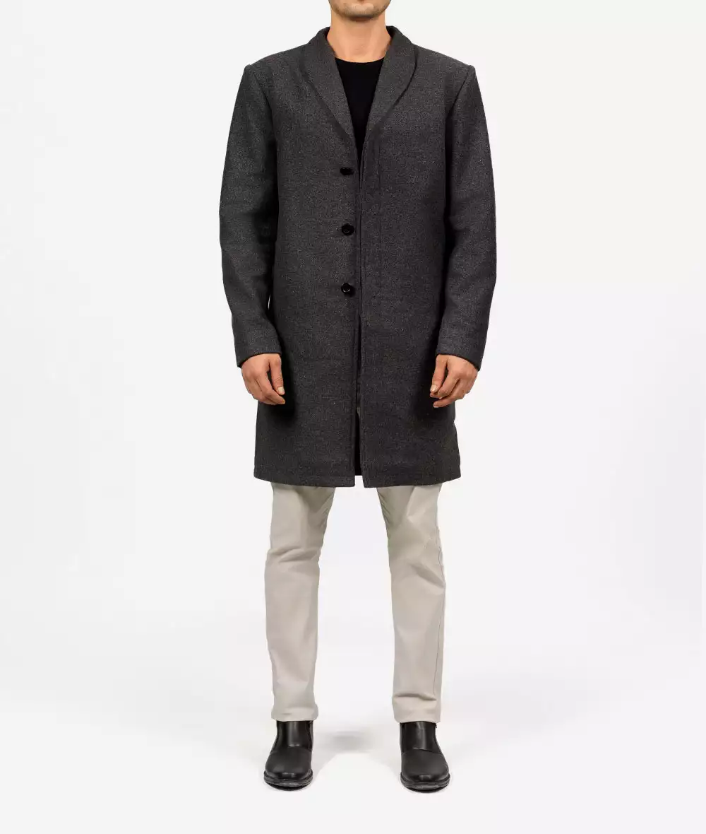 Mens Grey Wool Shawl Collar Three Quarter Long Coat