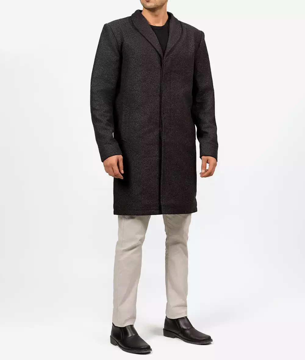 Mens Grey Wool Shawl Collar Three Quarter Long Coat