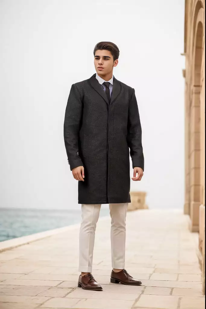 Mens Grey Wool Shawl Collar Three Quarter Long Coat