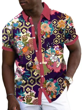 Men's Japanese Ukiyoe Floral Print Casual Short Sleeve Shirt