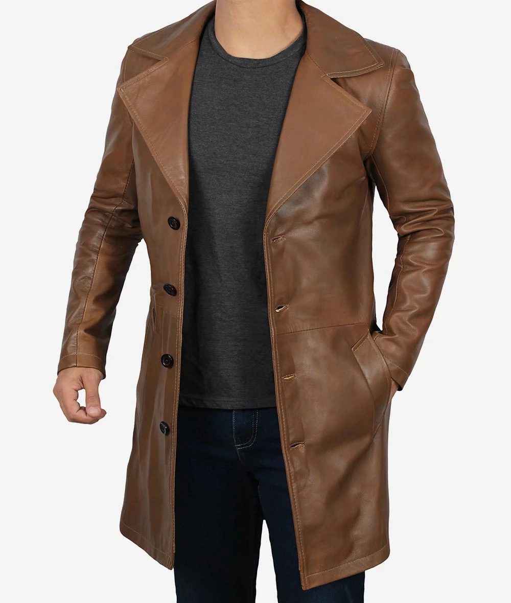 Mens Real Lambskin Leather 3/4 Length Brown Coat