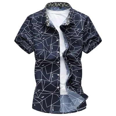 Men's Summer Polyester Geometric Printed Casual Short Sleeve Shirt