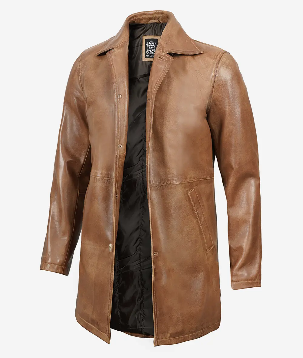 Mens Tall Camel Brown 3/4 Length Leather Coat