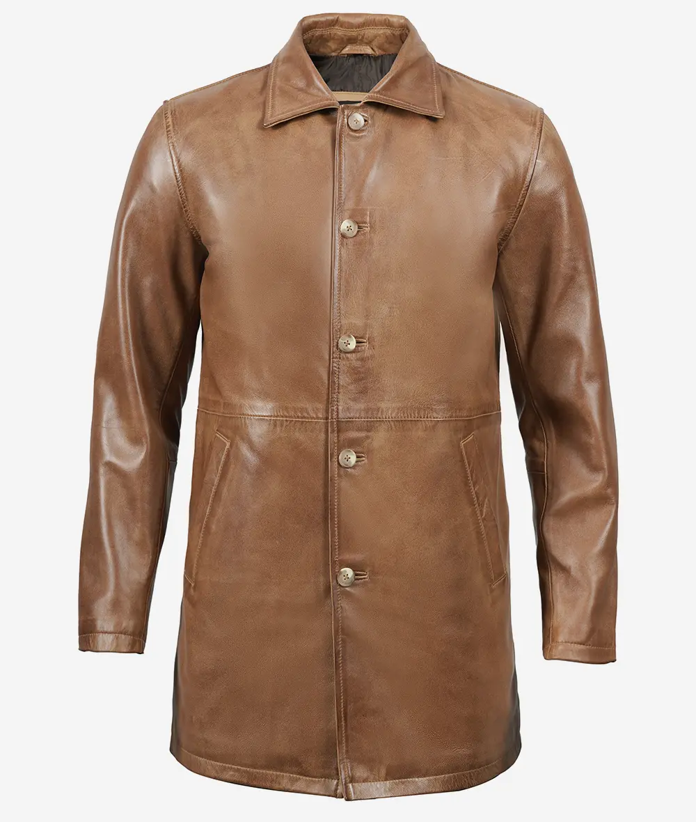 Mens Tall Camel Brown 3/4 Length Leather Coat