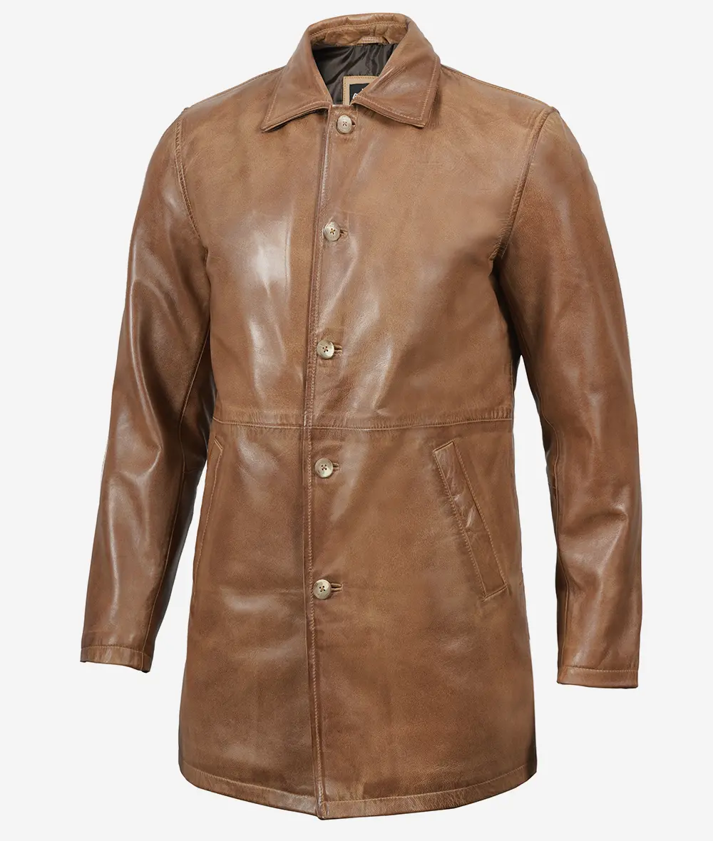 Mens Tall Camel Brown 3/4 Length Leather Coat