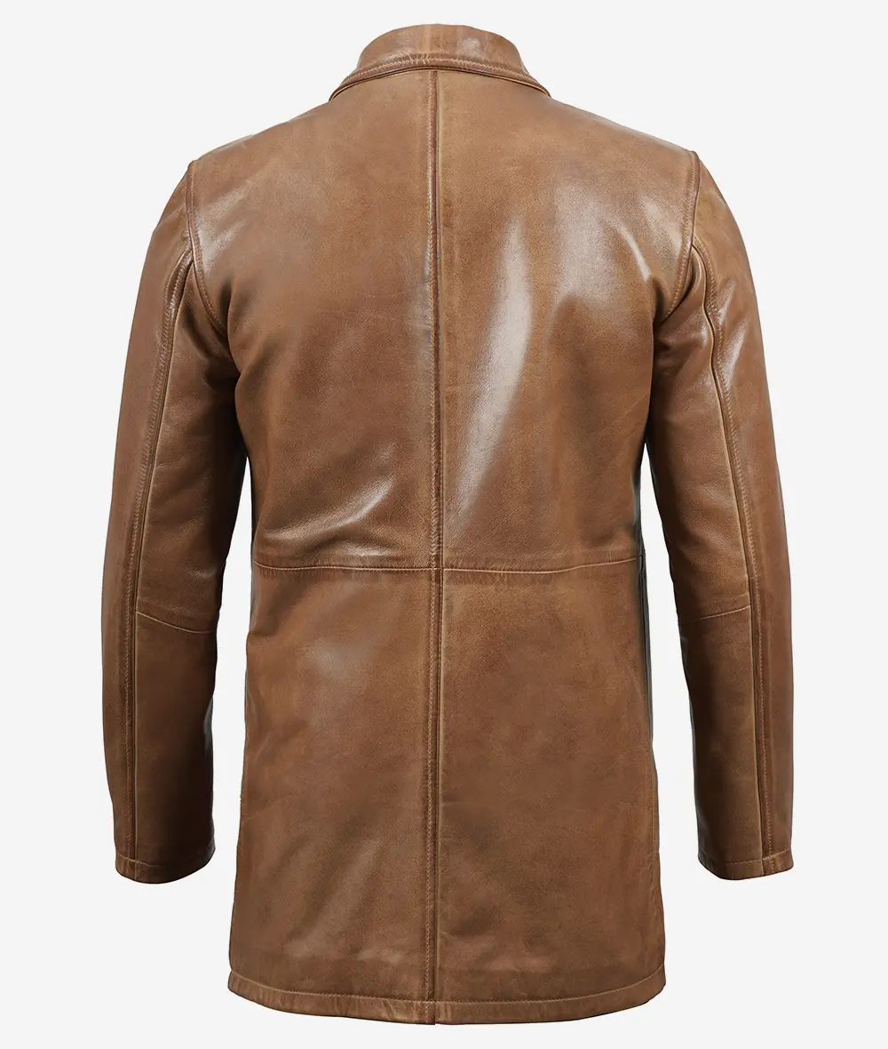 Mens Tall Camel Brown 3/4 Length Leather Coat