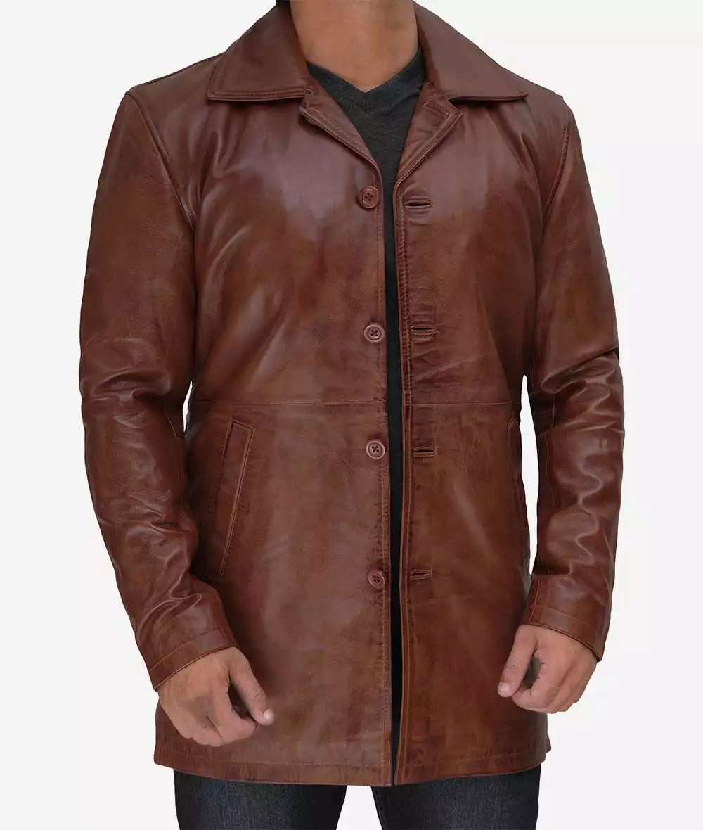 Mens Tall Premium 3/4 Length Cognac Waxed Leather Car Coat