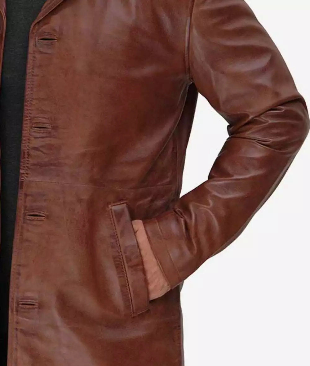 Mens Tall Premium 3/4 Length Cognac Waxed Leather Car Coat