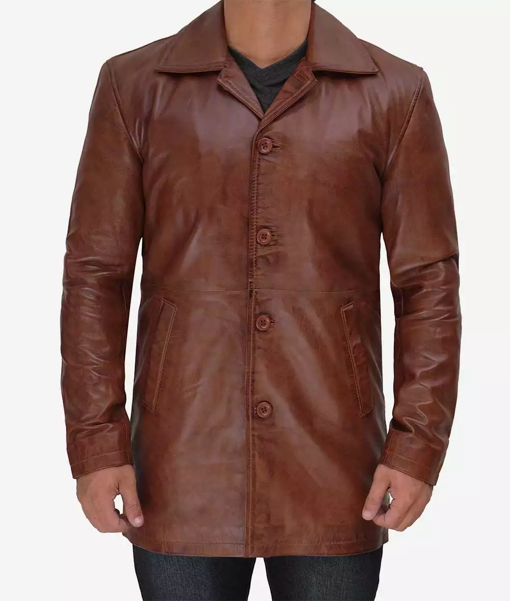 Mens Tall Premium 3/4 Length Cognac Waxed Leather Car Coat