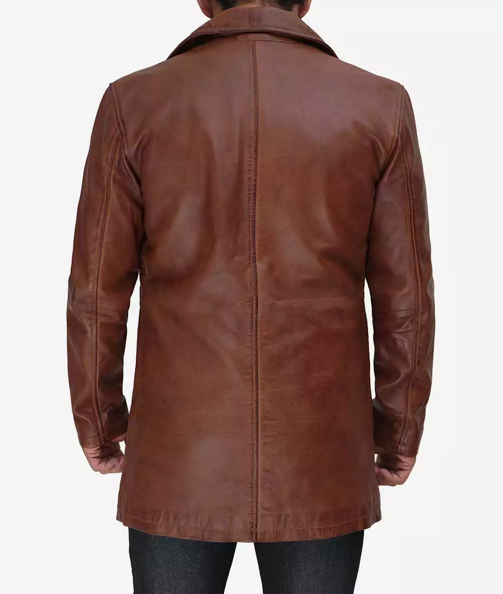 Mens Tall Premium 3/4 Length Cognac Waxed Leather Car Coat