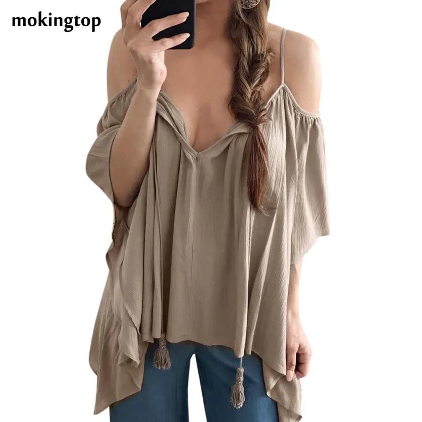 mokingtop Chiffon T Shirt Women Short Sleeve Loose Beach Shirt Blusas Off Shoulder Lacing Up Summer Shirt Roupa Feminina#121 SM6