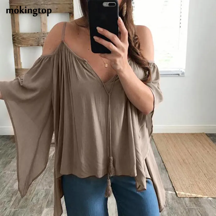 mokingtop Chiffon T Shirt Women Short Sleeve Loose Beach Shirt Blusas Off Shoulder Lacing Up Summer Shirt Roupa Feminina#121 SM6