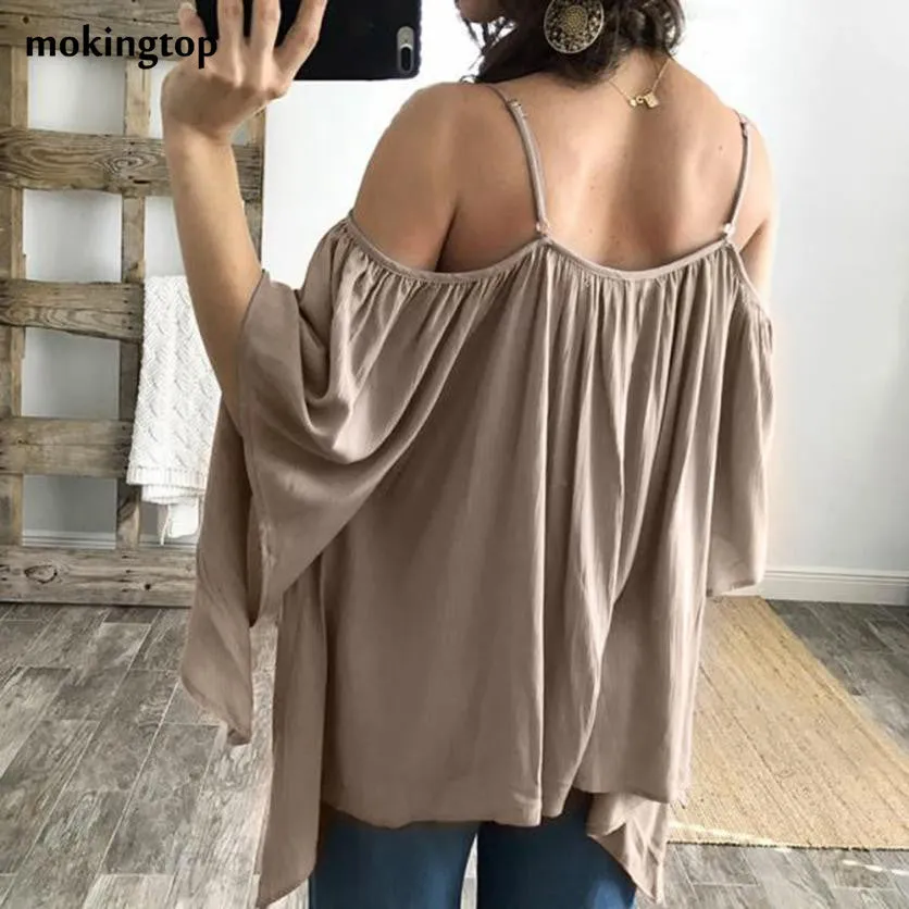 mokingtop Chiffon T Shirt Women Short Sleeve Loose Beach Shirt Blusas Off Shoulder Lacing Up Summer Shirt Roupa Feminina#121 SM6